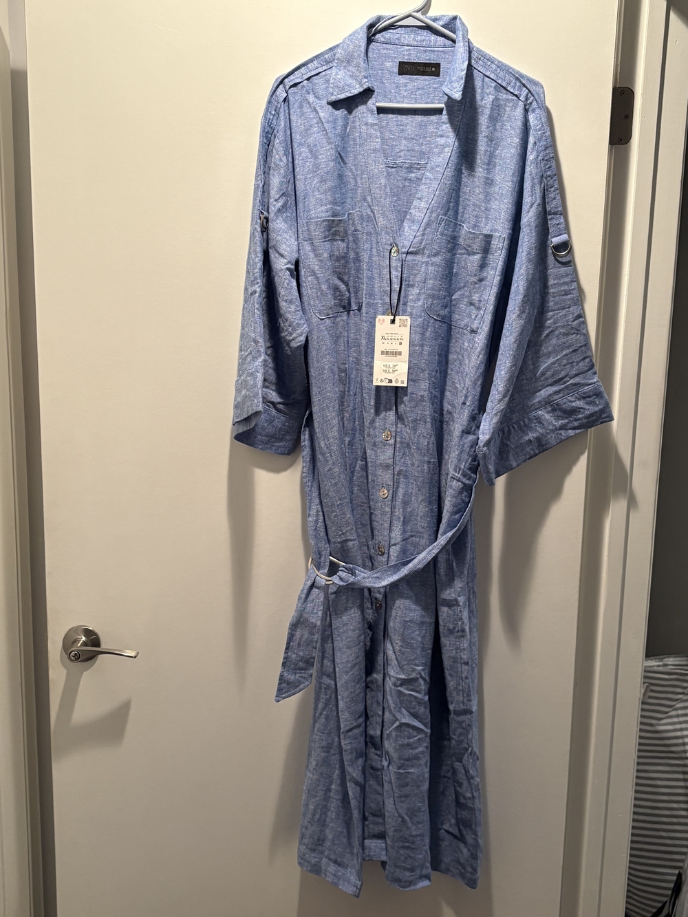 Zara Light Blue Button-Front Shirt Dress with Waist Tie Linen NWT
